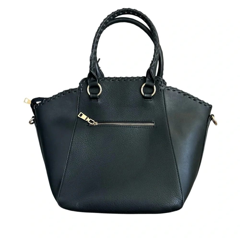 ISABELLE Women’s Nubuck Leather/Vegan Leather Purse Tote Black/Gold Braid Tassel